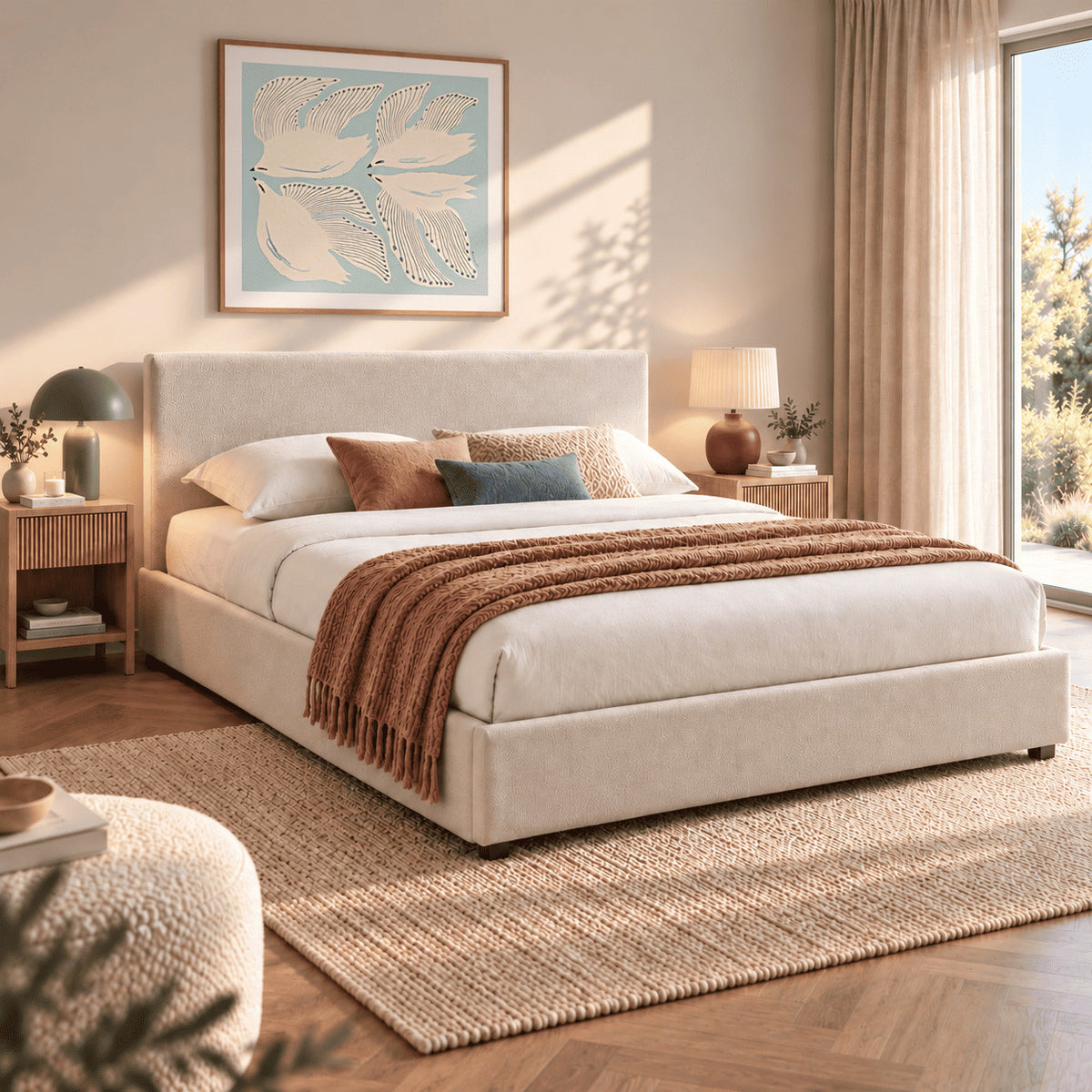Lit coffre 160x200 tissu beige sommier inclus L215 x P166.5 x H90 cm