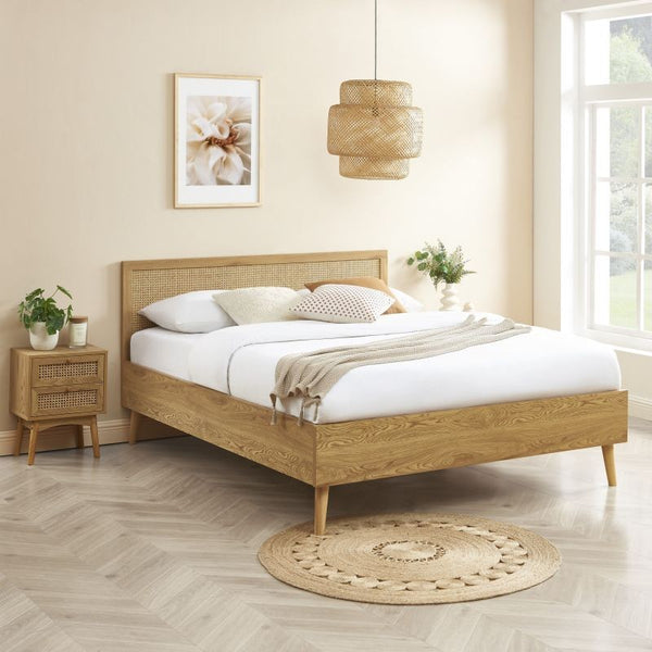 PRIX MINI : Lit double Ines 160 x 200 cm, tête de lit cannage rotin, sommier inclus