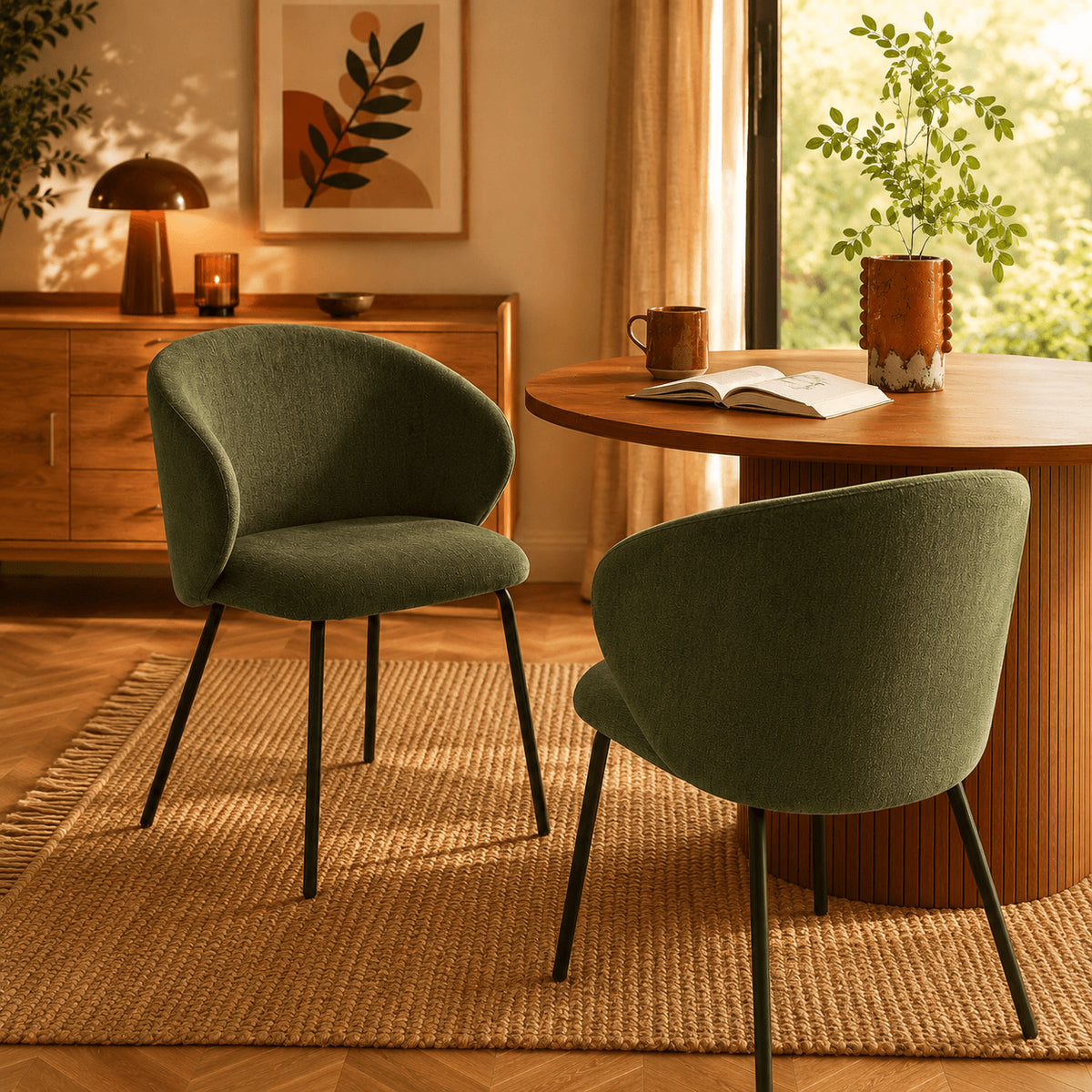 Lot de 2 chaises tissu chenille vert et pieds métal noir