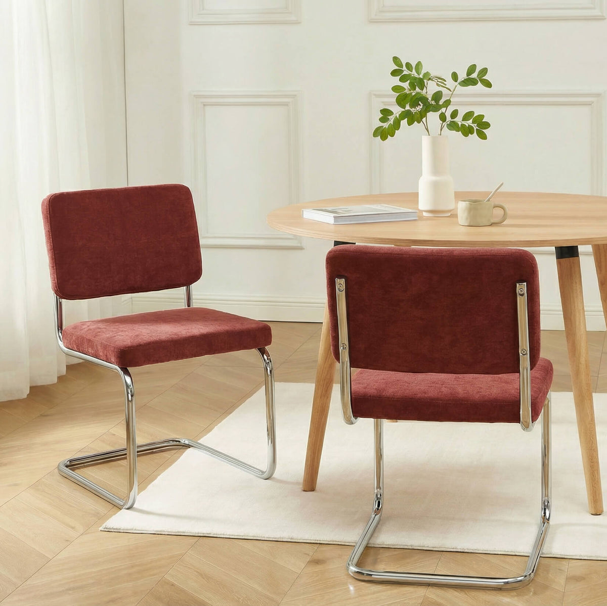 Lot de 2 chaises tissu bordeaux pieds métal chromé