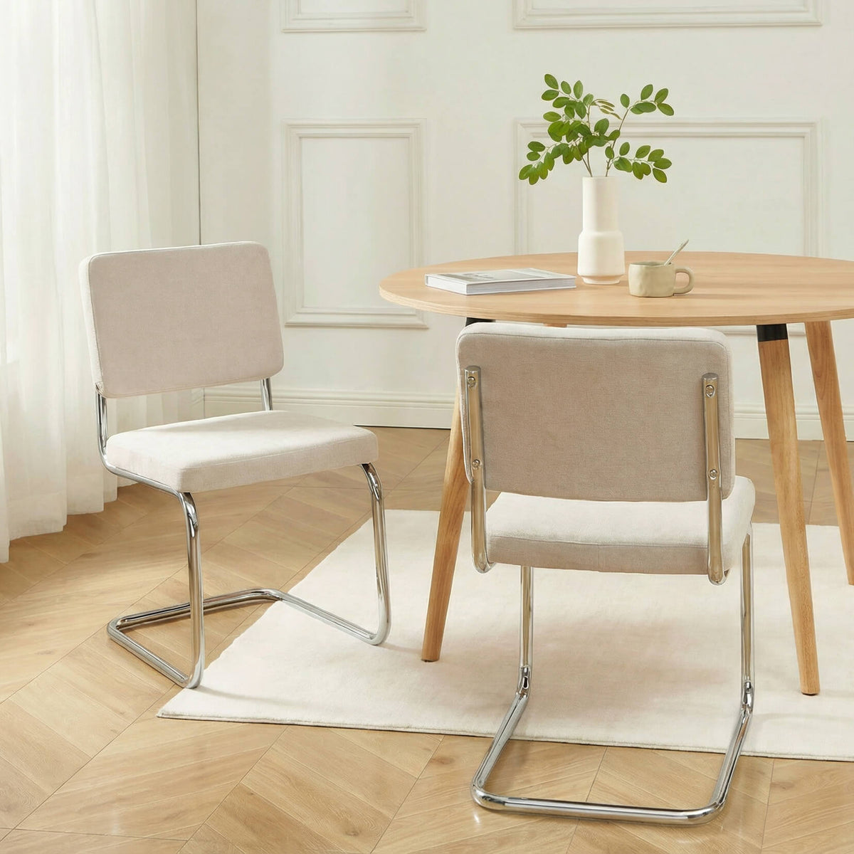 Lot de 2 chaises tissu écru pieds métal chromé