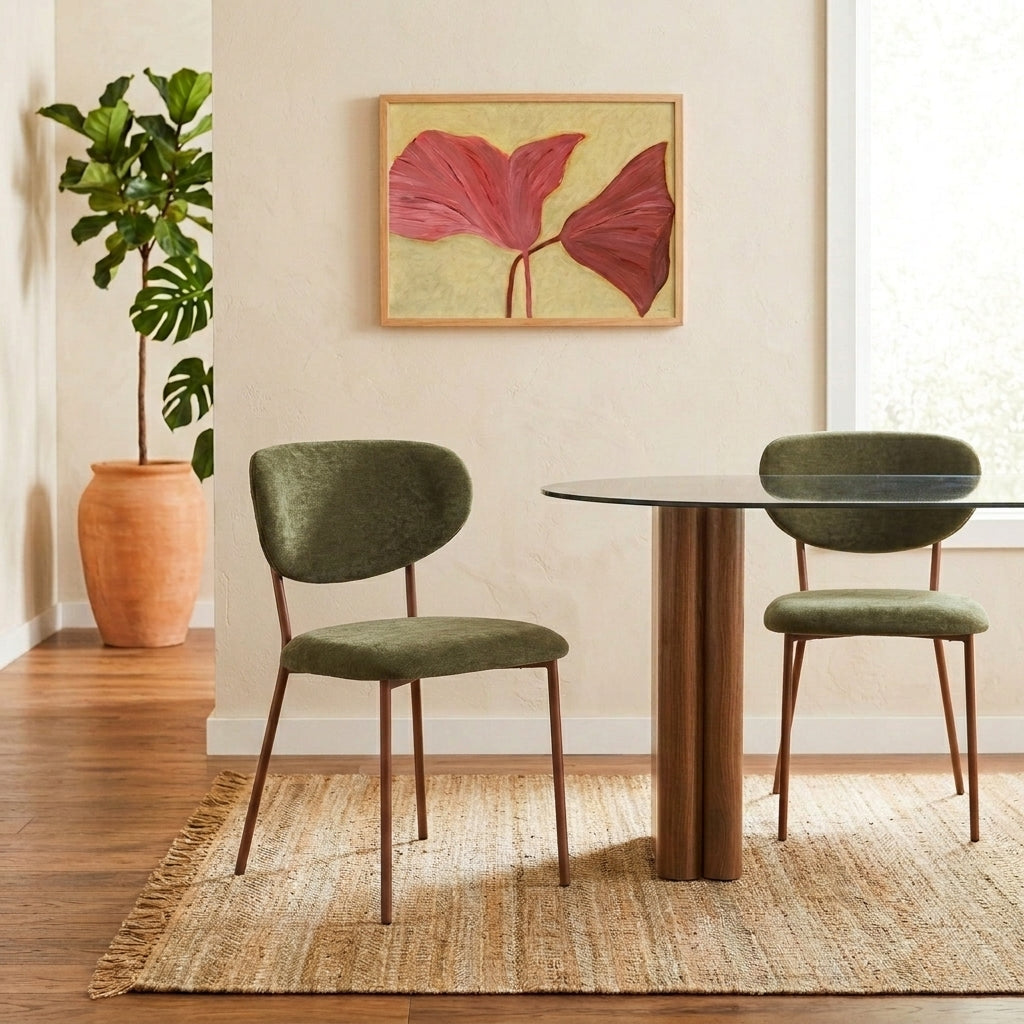 Lot de 2 chaises tissu vert et pieds métal effet bois