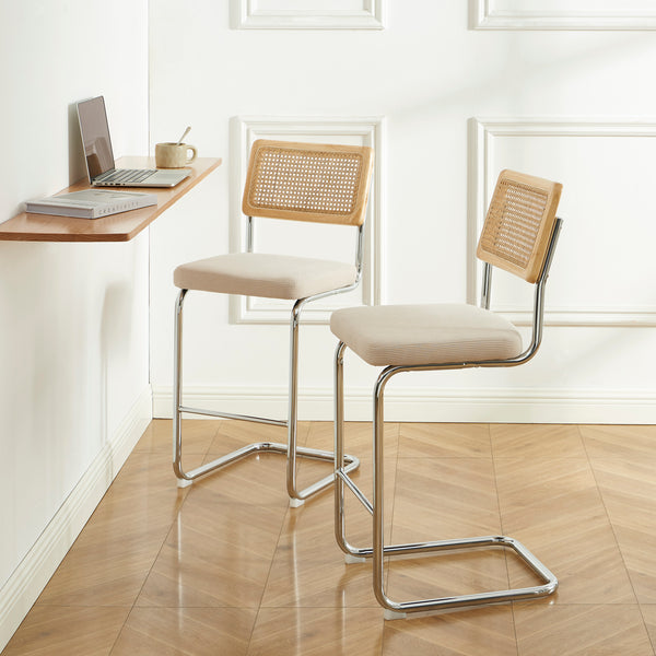 Lot de 2 tabourets mi-hauts cannage velours côtelé beige