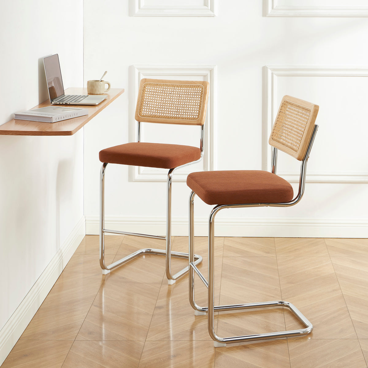 Lot de 2 tabourets mi-hauts cannage velours côtelé terracotta