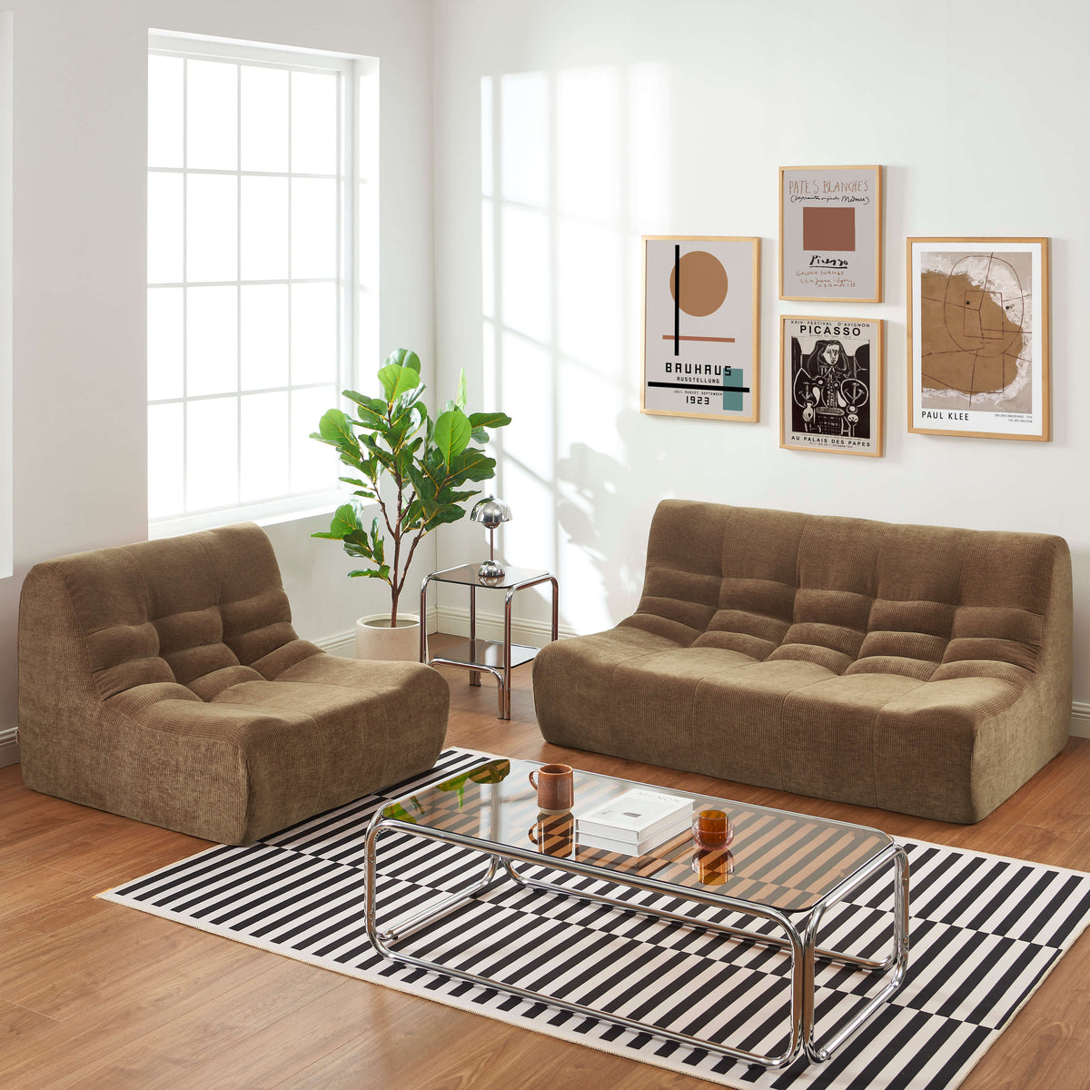 Ensemble banquette et chauffeuse modulable 3 places velours marron