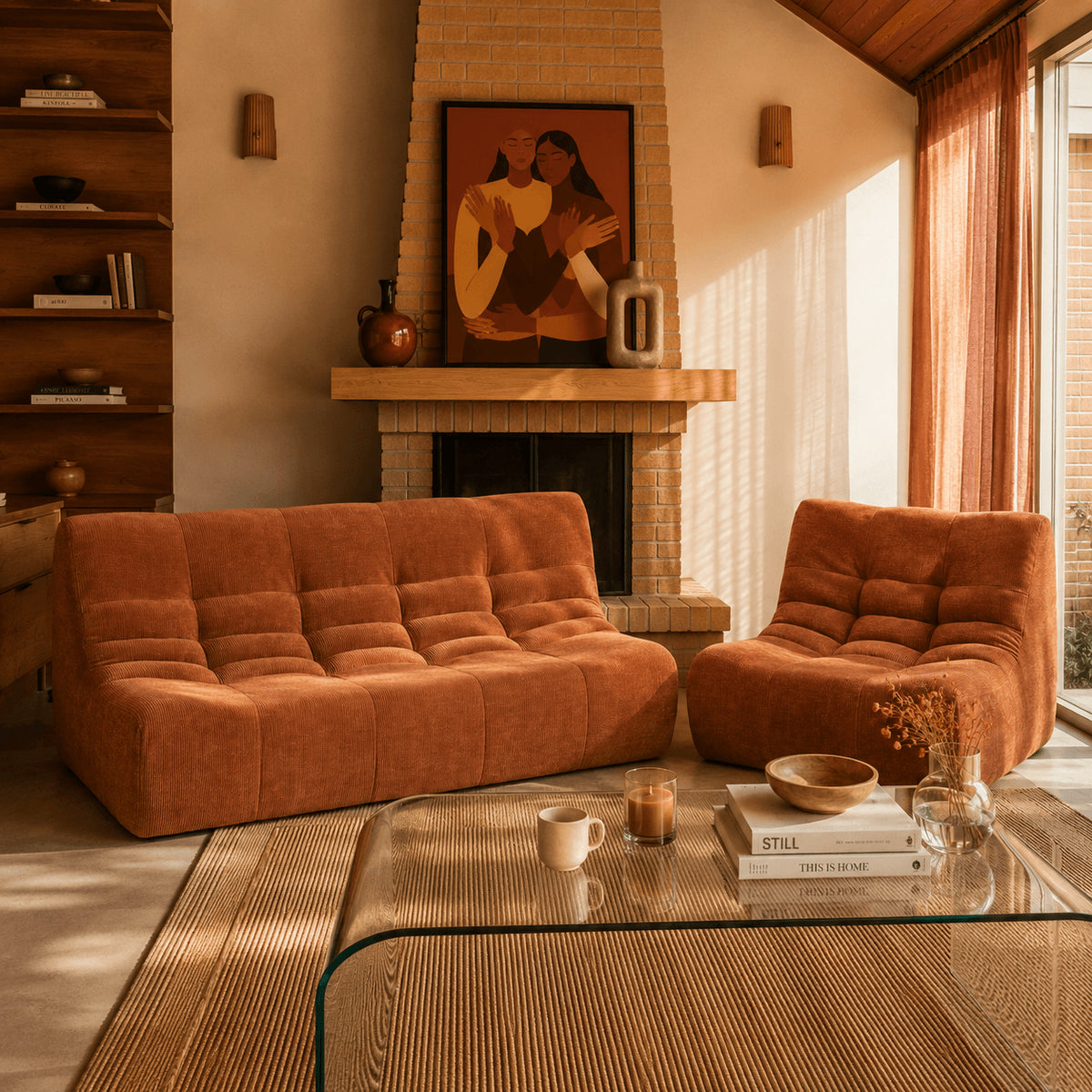 Ensemble banquette et chauffeuse modulable 3 places velours terracotta