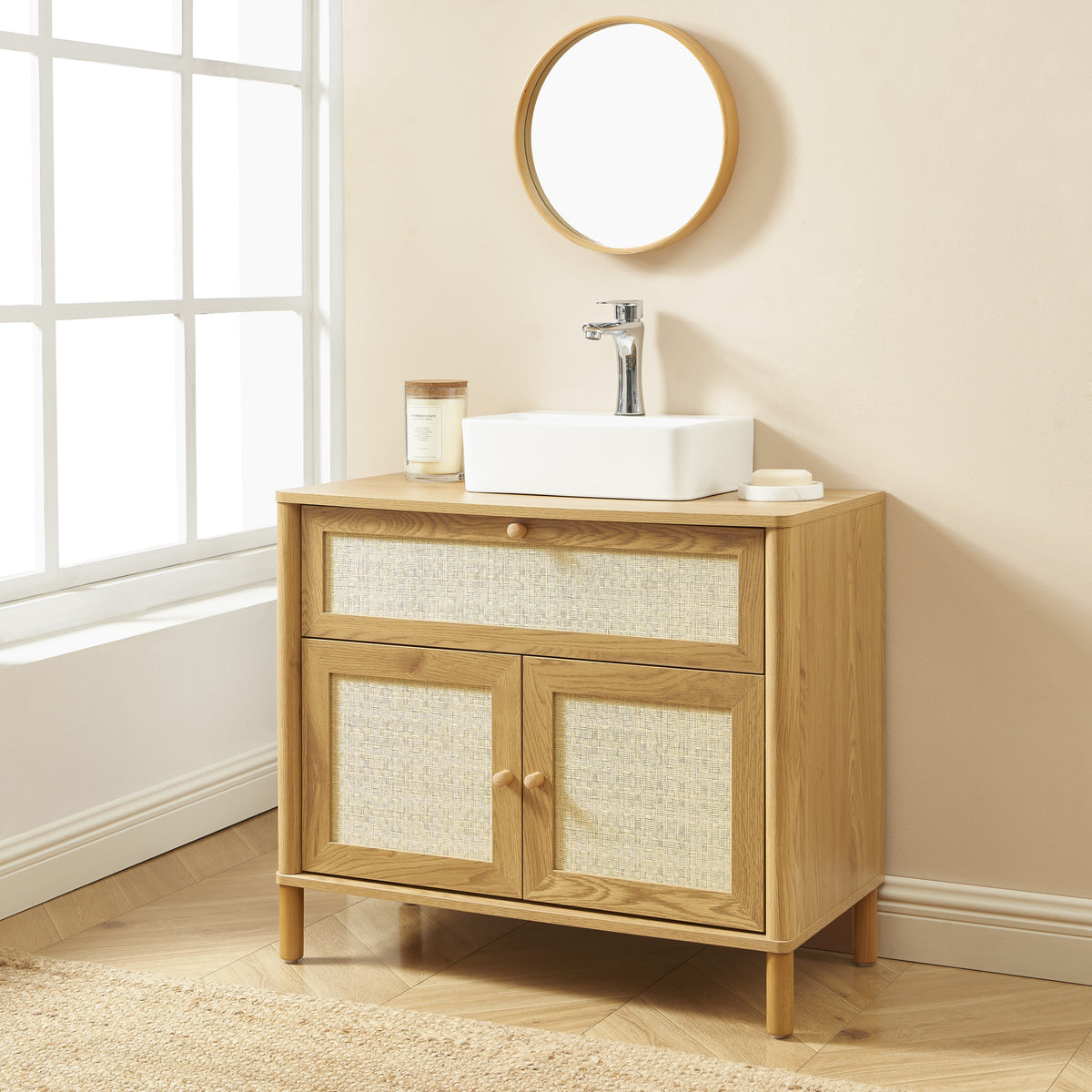 Meuble de salle de bain effet chêne et rotin 80 cm