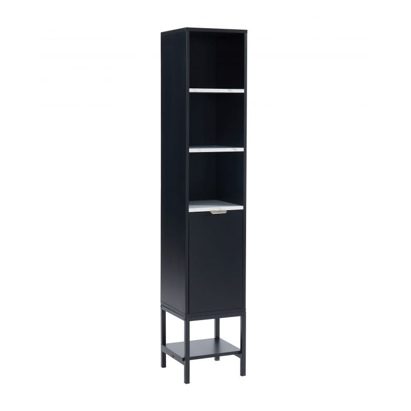 Colonne de salle de bain en bois et métal noir 157x30 effet marbre blanc
