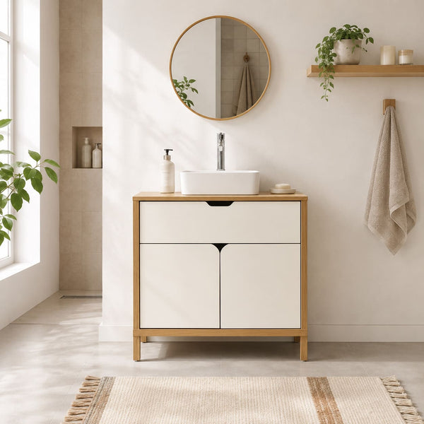 Meuble sous vasque effet chêne et portes blanches 80 cm
