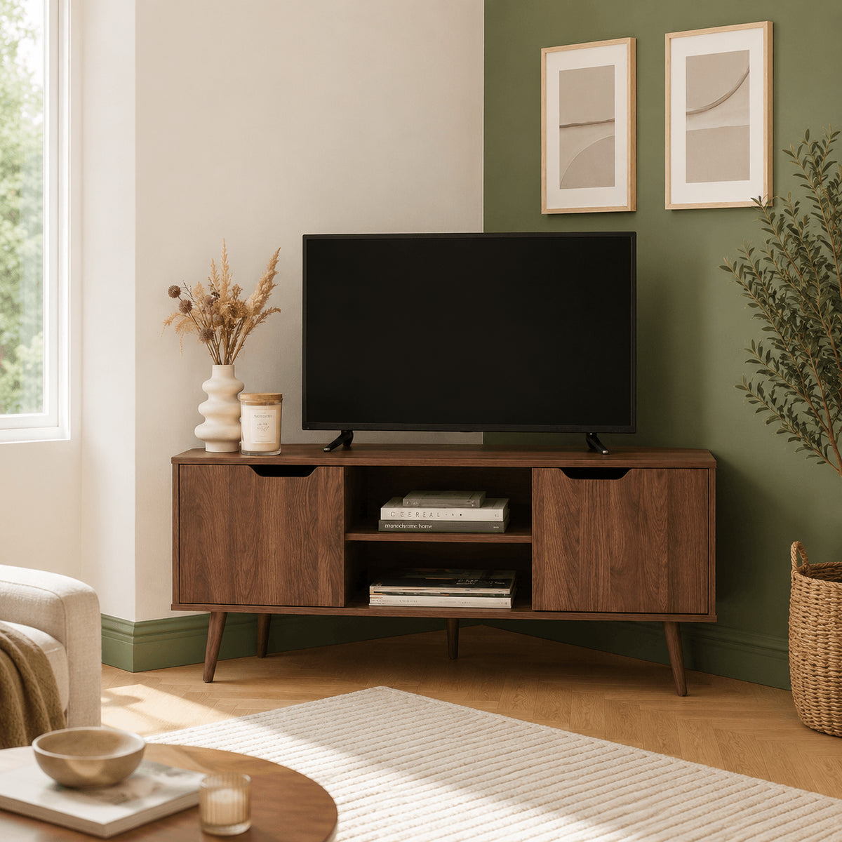 Meuble TV d'angle effet noyer 115 cm L115 x P54 x H53 cm