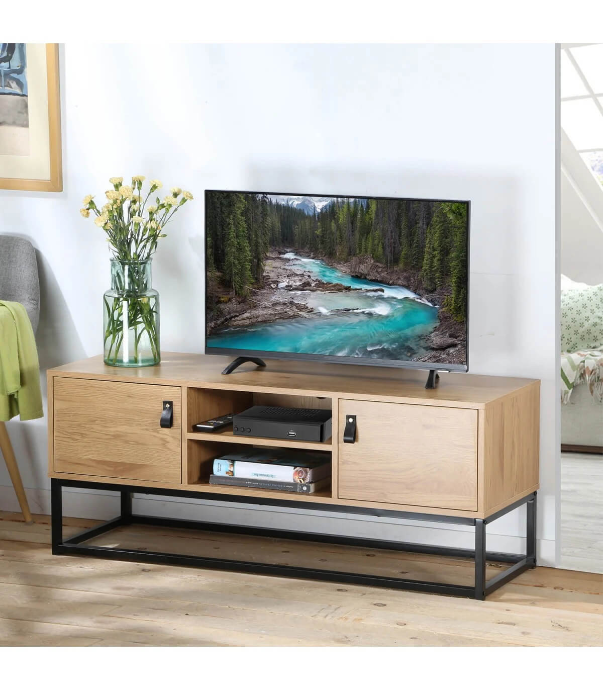 Meuble TV bois et métal 120x48x39