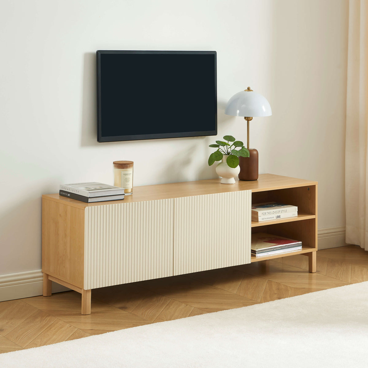 Meuble TV effet chêne et portes beiges 140 cm