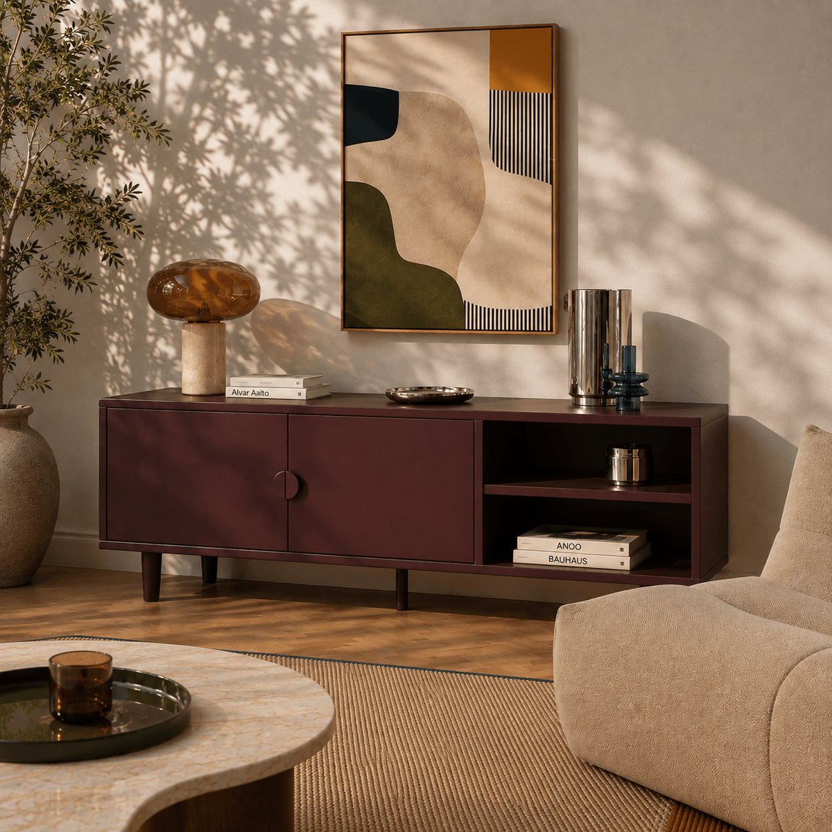 Meuble TV métal bordeaux 180 cm