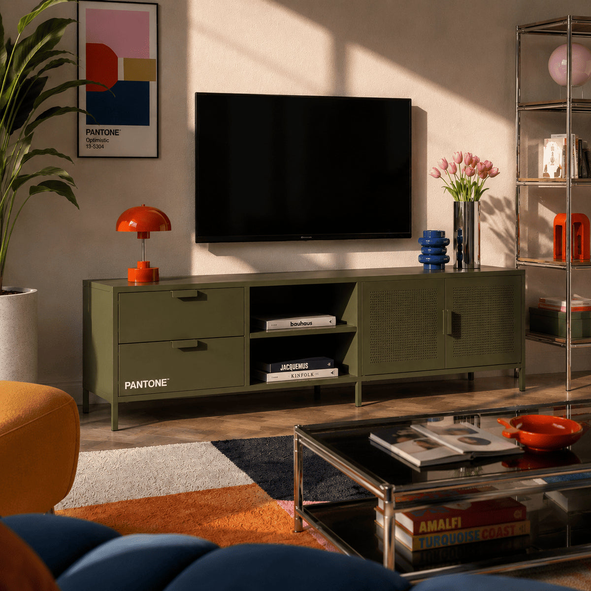 Meuble TV métal vert olive 200 cm