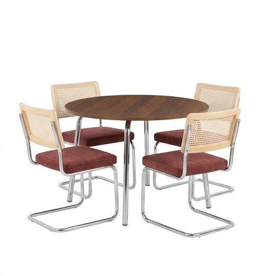 Ensemble repas table à manger ronde effet noyer et lot de 4 chaises cannage tissu bordeaux