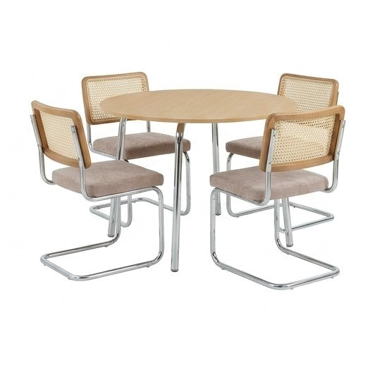 Ensemble repas table à manger ronde effet chêne et lot de 4 chaises vintage tissu marron