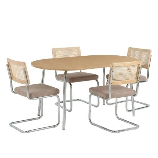 Ensemble repas table à manger ovale effet chêne et lot de 4 chaises cannage tissu marron