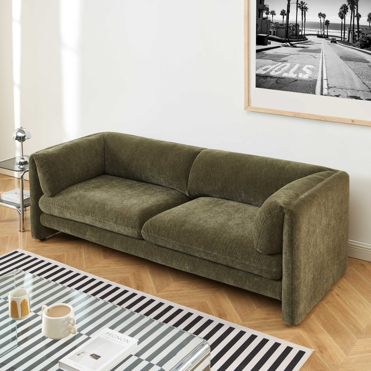 Canapé droit fixe 3 places velours texturé vert