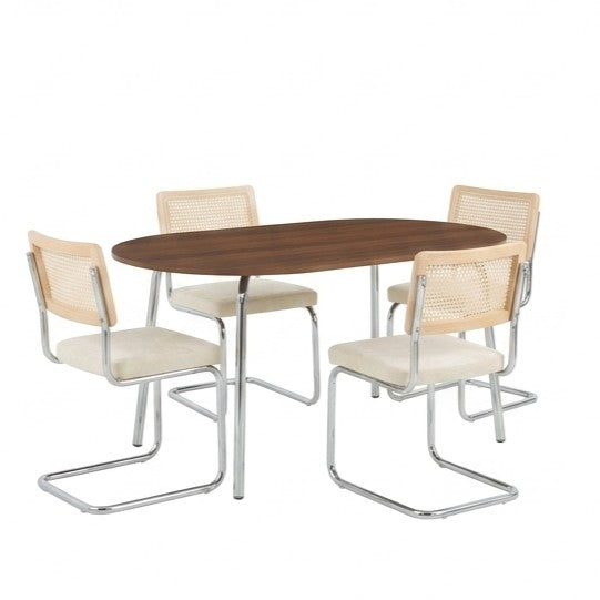 Ensemble repas table à manger ovale effet noyer et lot de 4 chaises cannage tissu écru