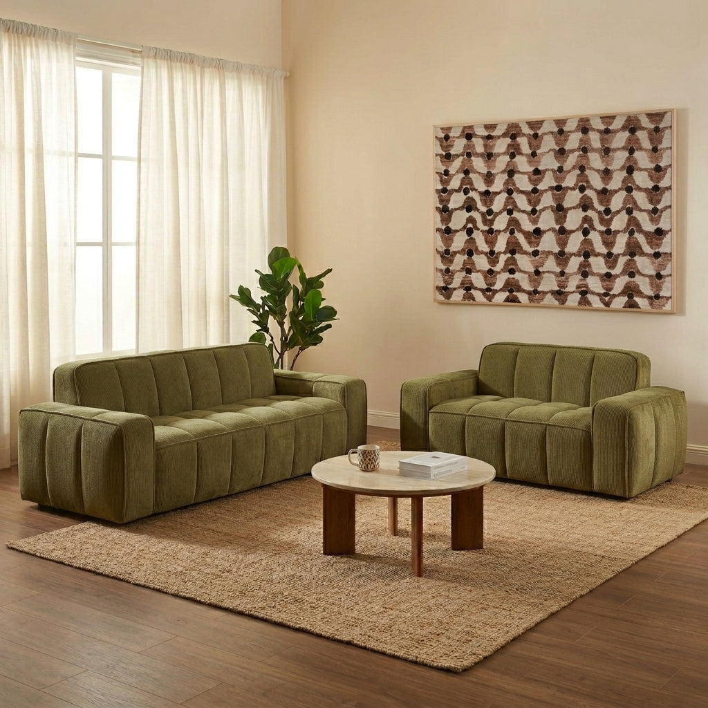 Ensemble canapés droits fixes 3+2 tissu chenille vert