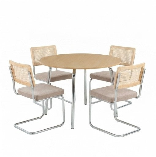 Ensemble repas table à manger ronde effet chêne et lot de 4 chaises cannage tissu marron