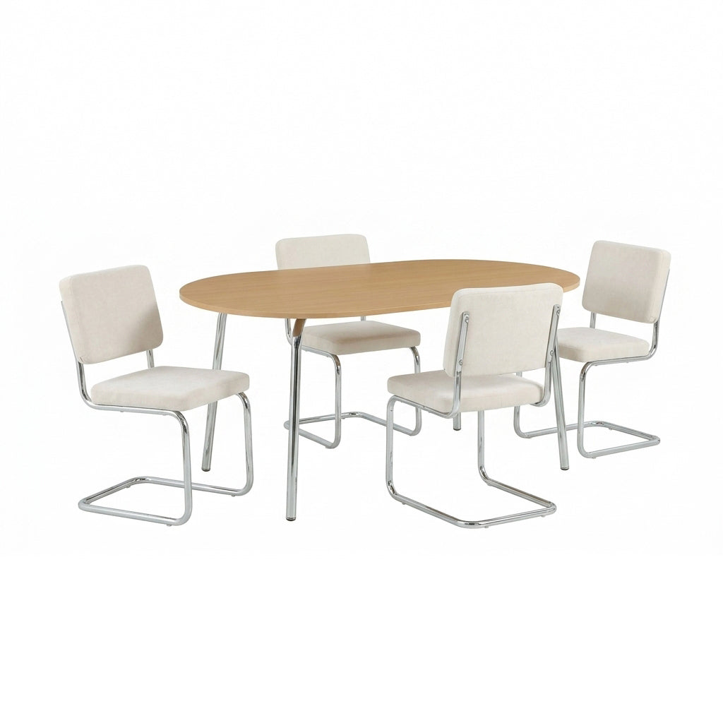 Ensemble repas table à manger ovale effet chêne et lot de 4 chaises vintage tissu écru