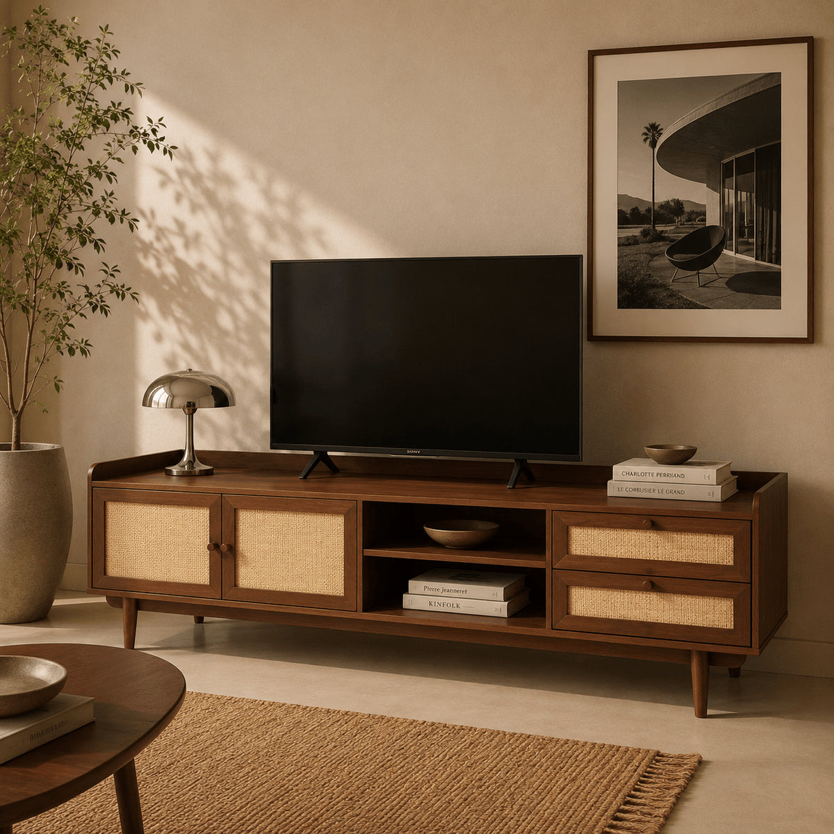 Meuble TV noyer et cannage 180 cm