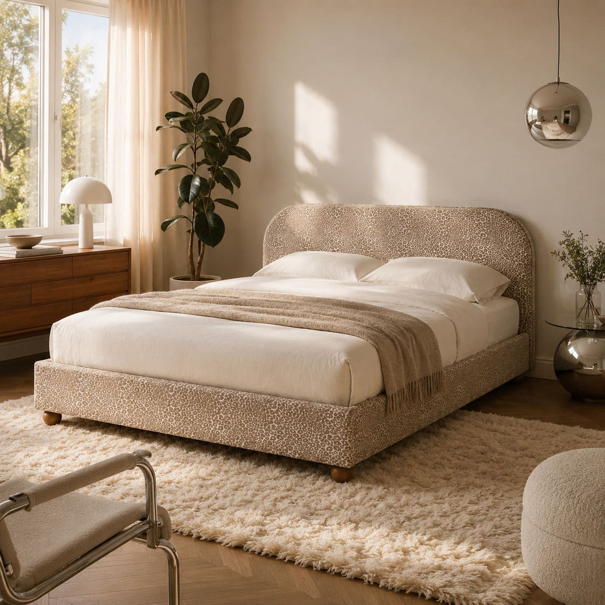 Lit coffre 160x200 tissu jacquard léopard beige sommier inclus