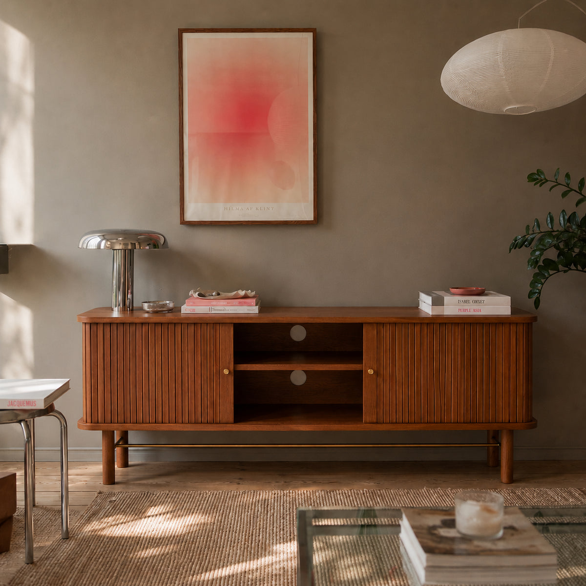 Meuble TV frêne foncé portes tambour 150 cm