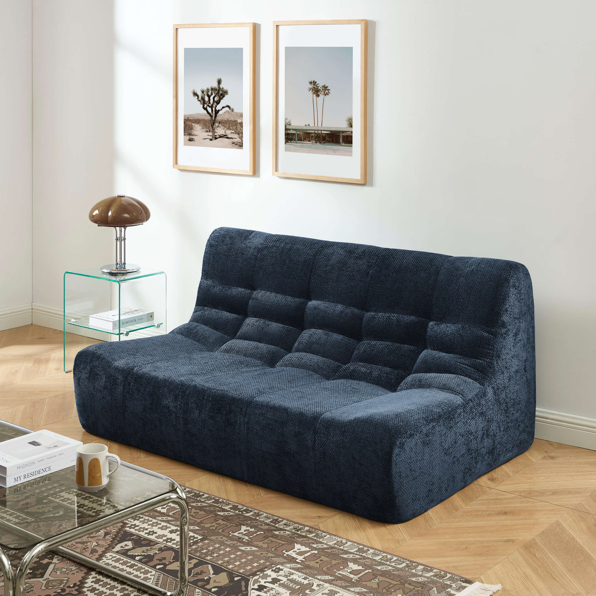 Banquette modulable 2 places tissu chenille bleu
