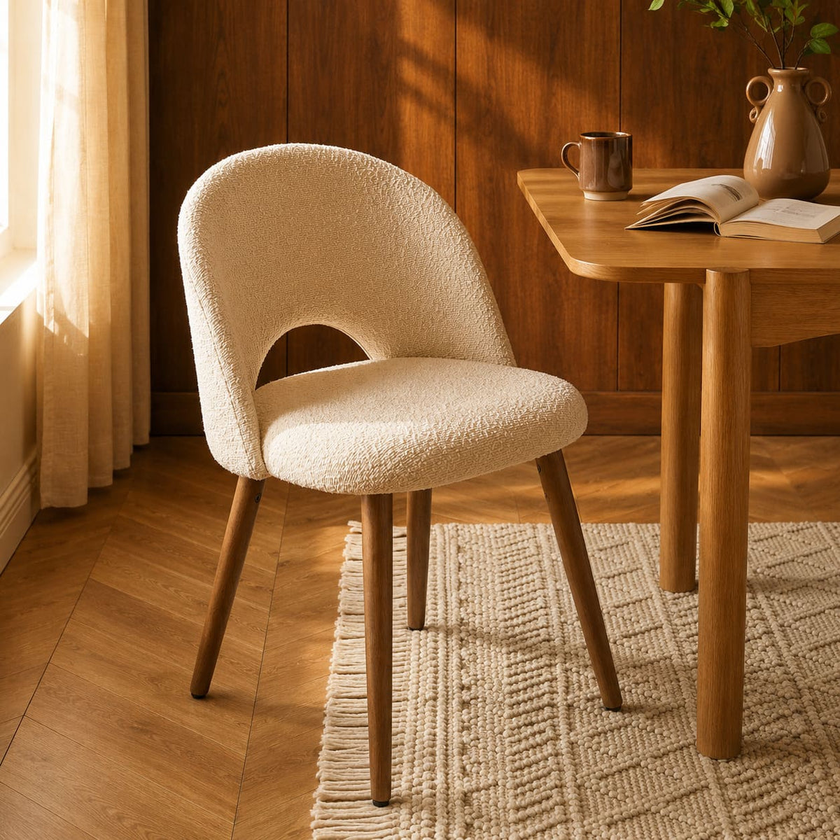 Lot de 6 chaises tissu bouclette blanc cassé pieds bois teinté noyer