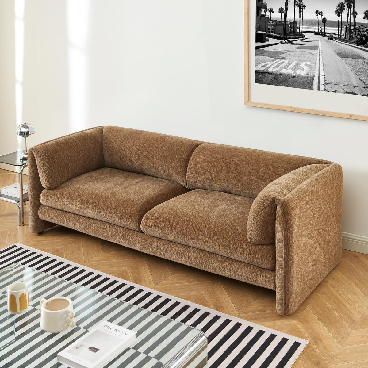 Canapé droit fixe 3 places velours texturé marron