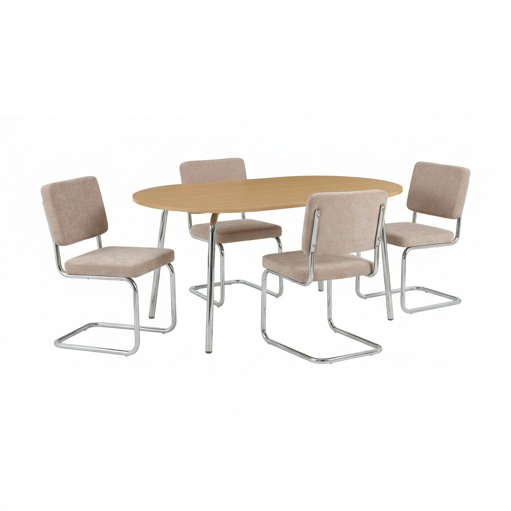 Ensemble repas table à manger ovale effet chêne et lot de 4 chaises vintage tissu marron