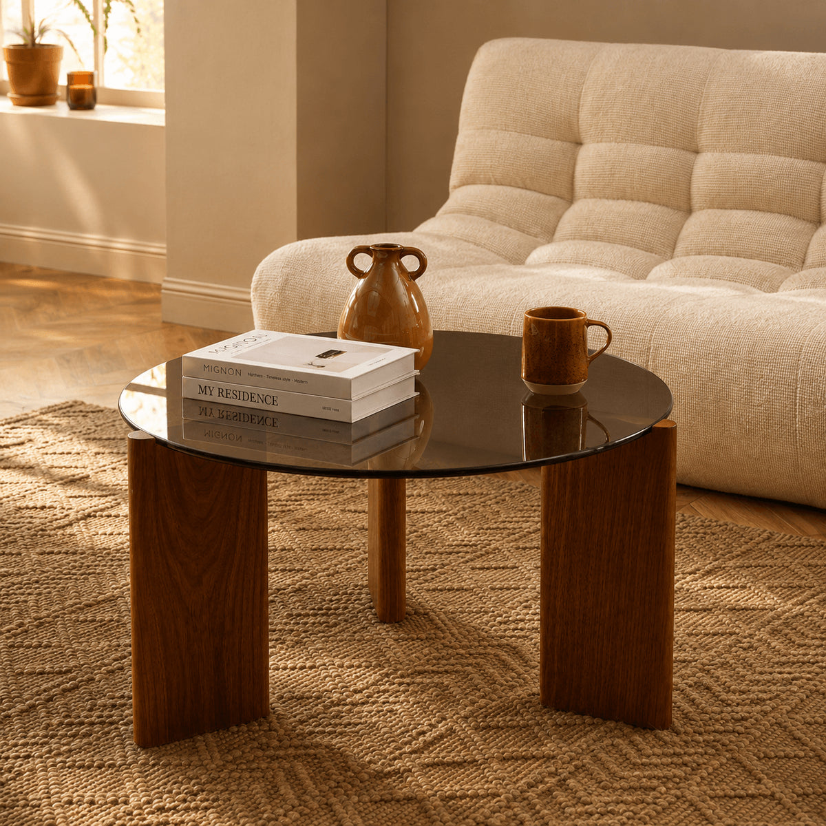 Table basse verre trempé noir et placage noyer 75 cm