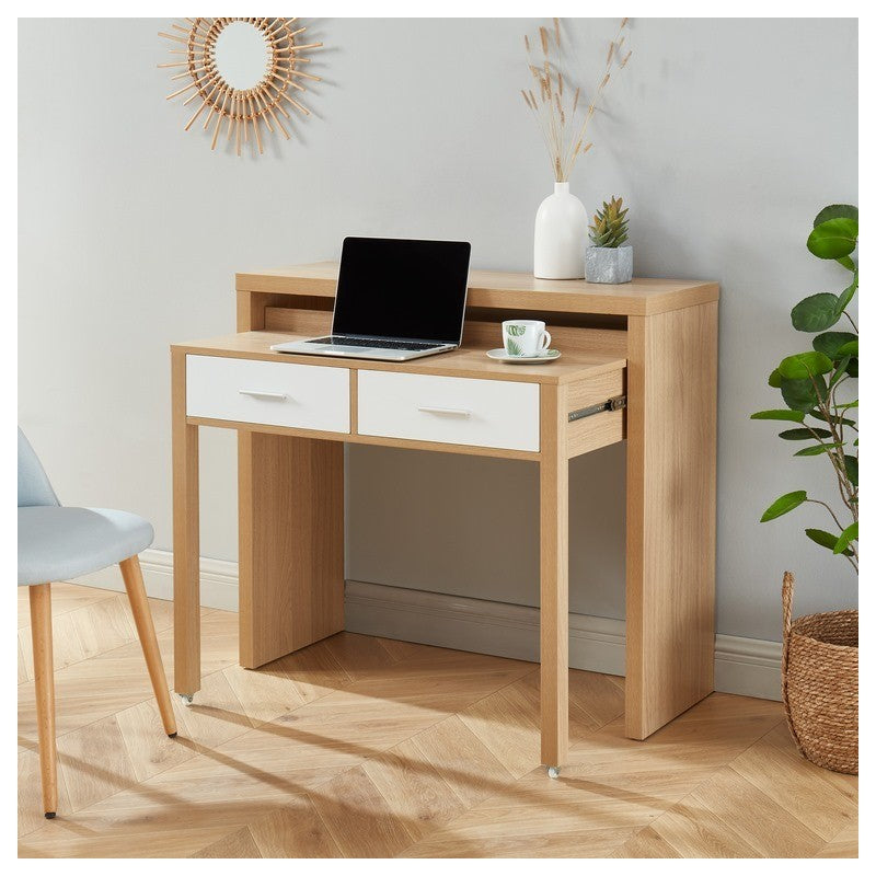 Bureau extensible blanc et effet chêne 2 tiroirs