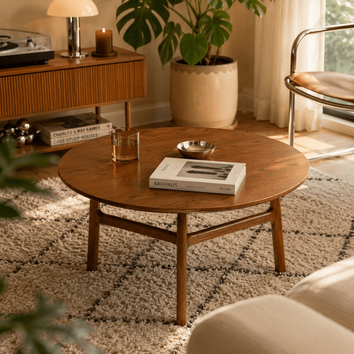 Table basse ronde placage frêne couleur noyer 80 cm