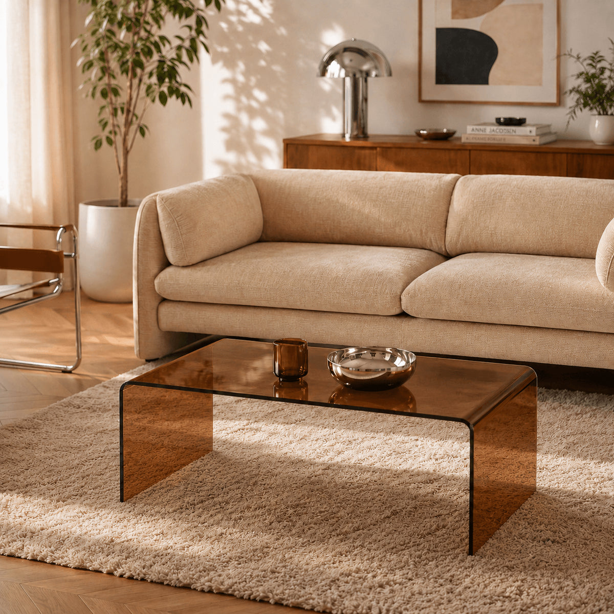 Table basse verre trempé caramel
