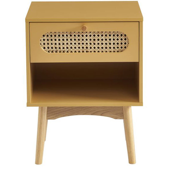 Table de chevet art déco en bois ocre et cannage rotin 1 tiroirs L40 x P30 x H53,5cm