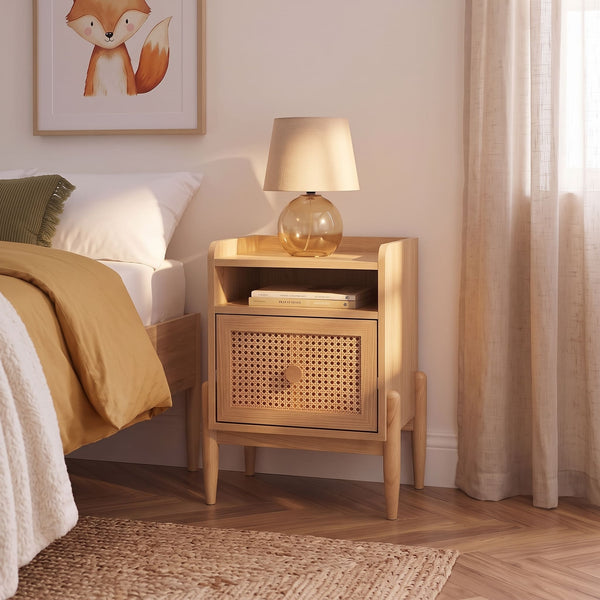 Table de chevet enfant cannage rotin et effet bois