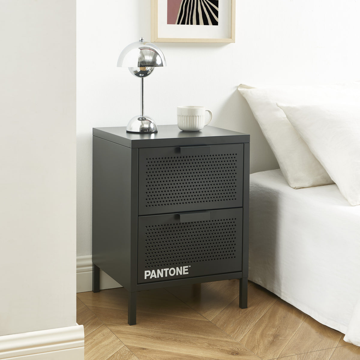 Table de chevet métal gris anthracite double tiroirs 40 cm