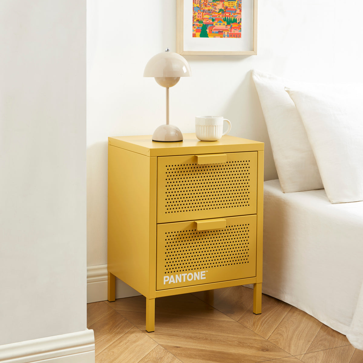 Table de chevet métal jaune moutarde double tiroirs 40 cm