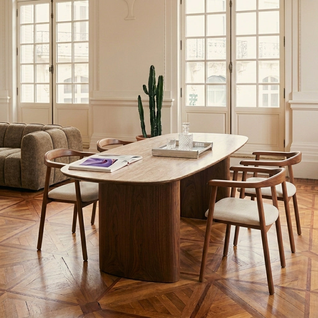 Table de séjour placage noyer et plateau céramique effet travertin 200 cm