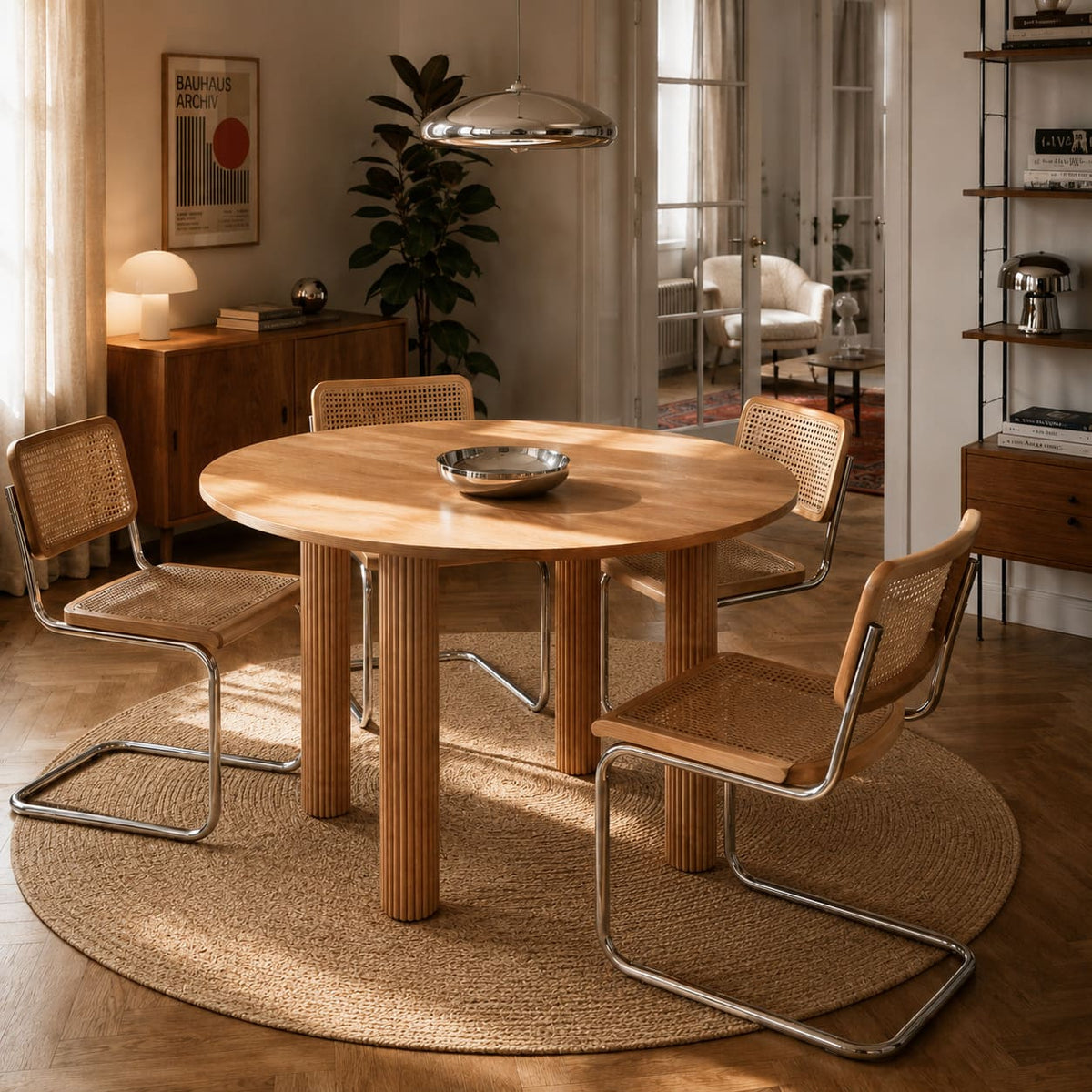 Table de séjour ronde placage chêne 115 cm