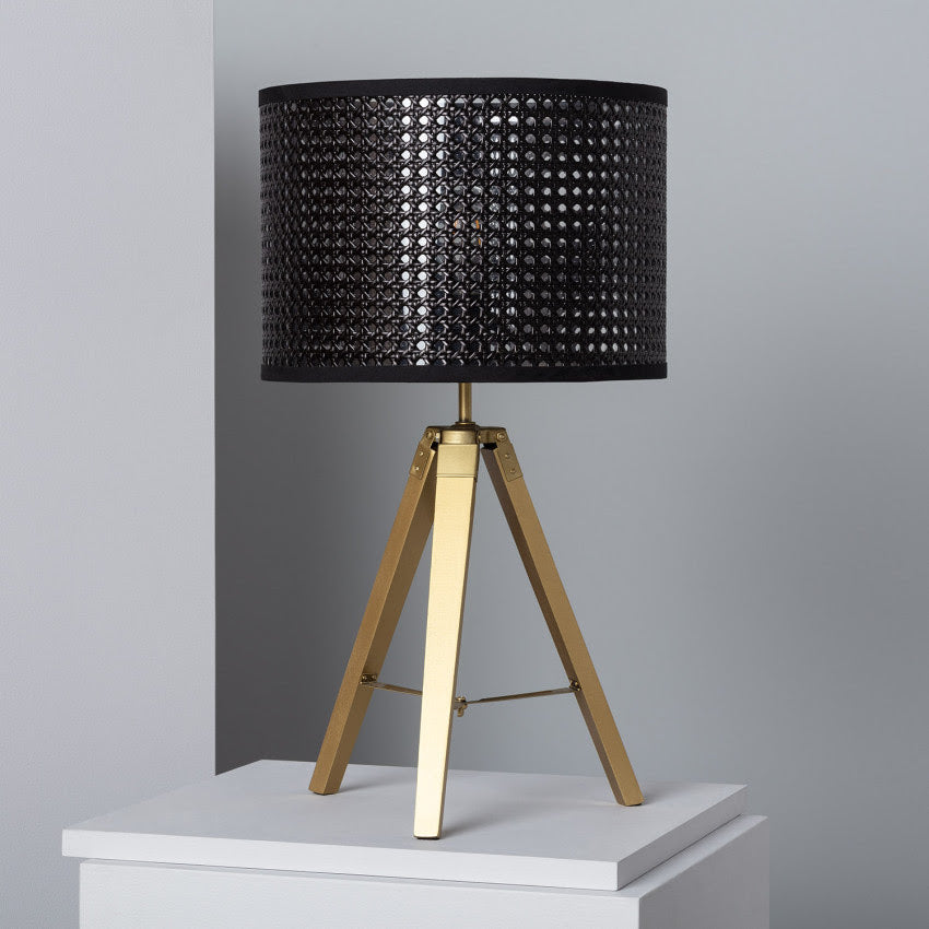 Lampe à poser en métal doré et rotin noir H60