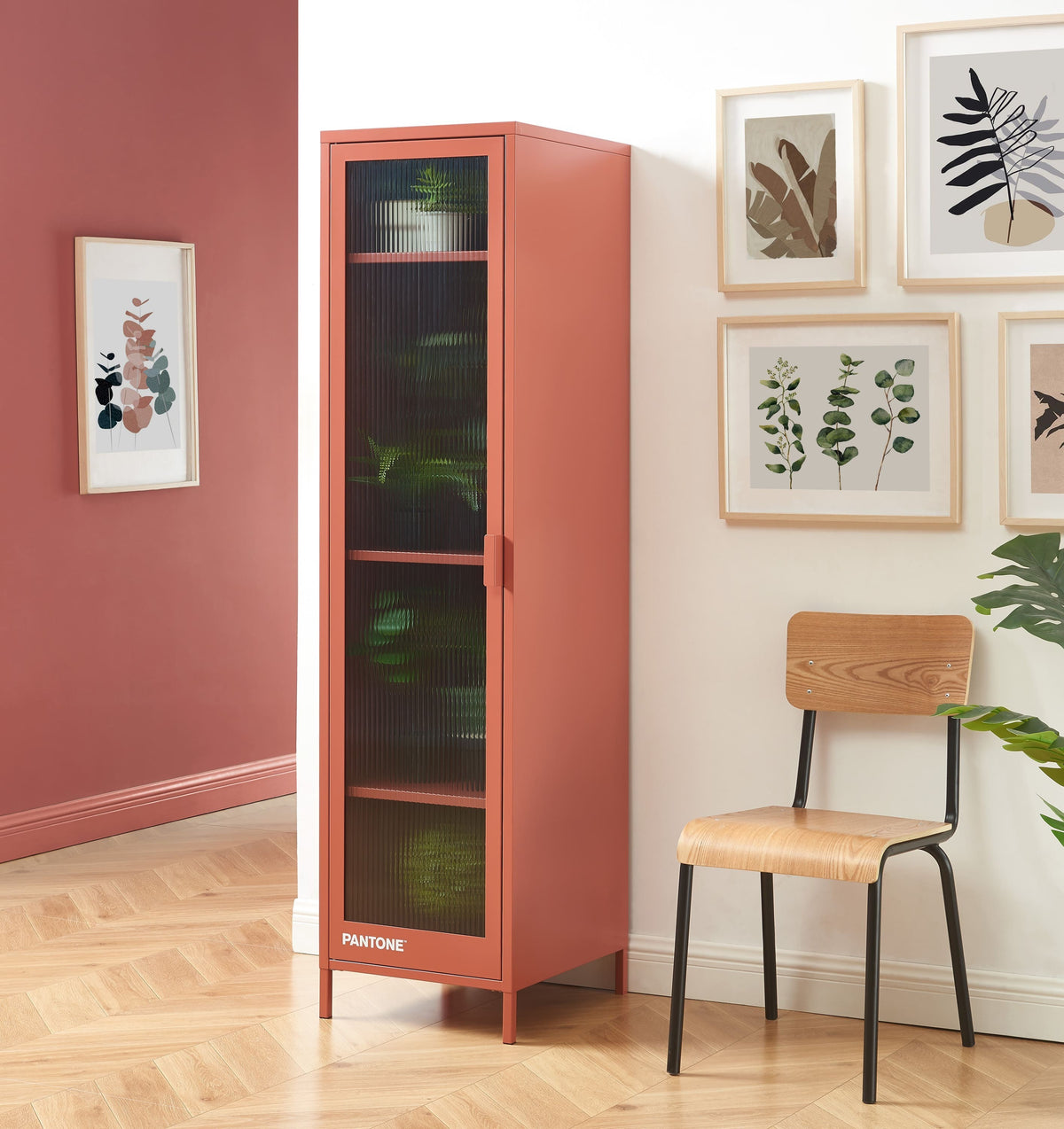 Vestiaire porte en verre cannelé et métal terracotta H180 cm