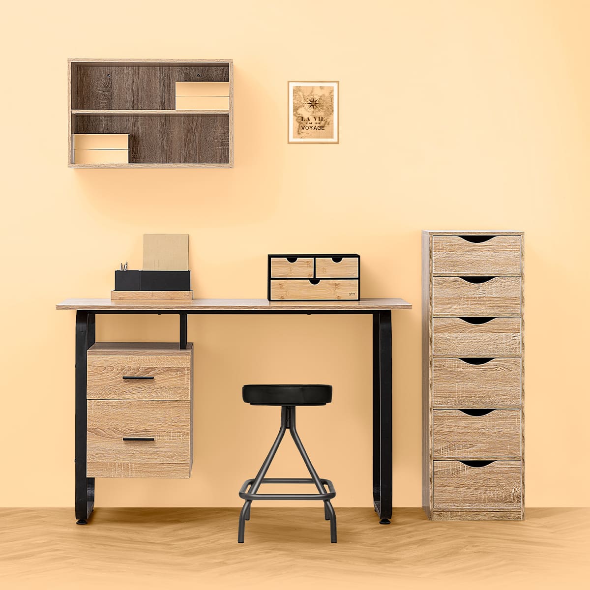 Caisson de bureau 6 tiroirs effet chêne clair L38 x H100 cm