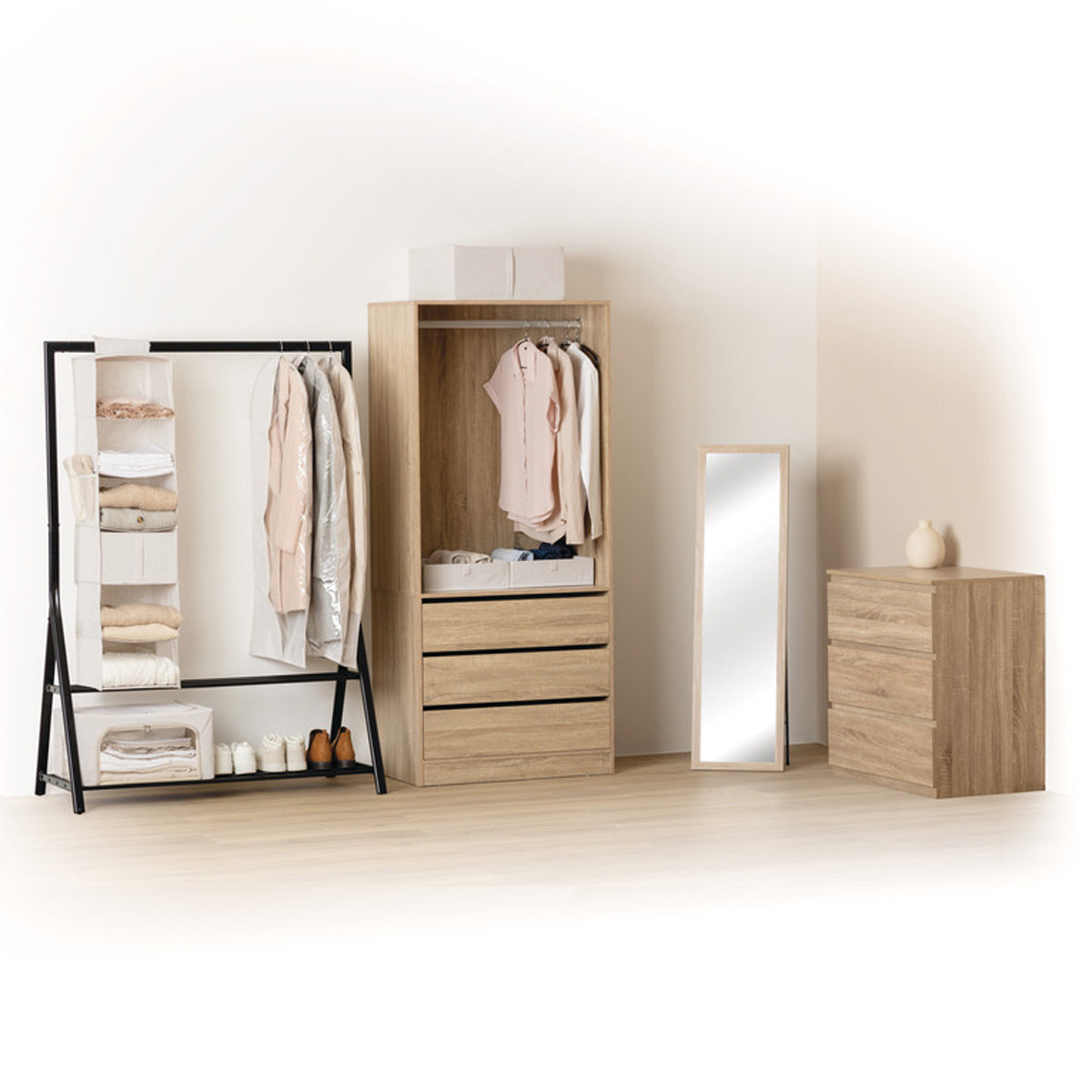 Dressing penderie avec 3 tiroirs effet chêne naturel L80 x H180 cm