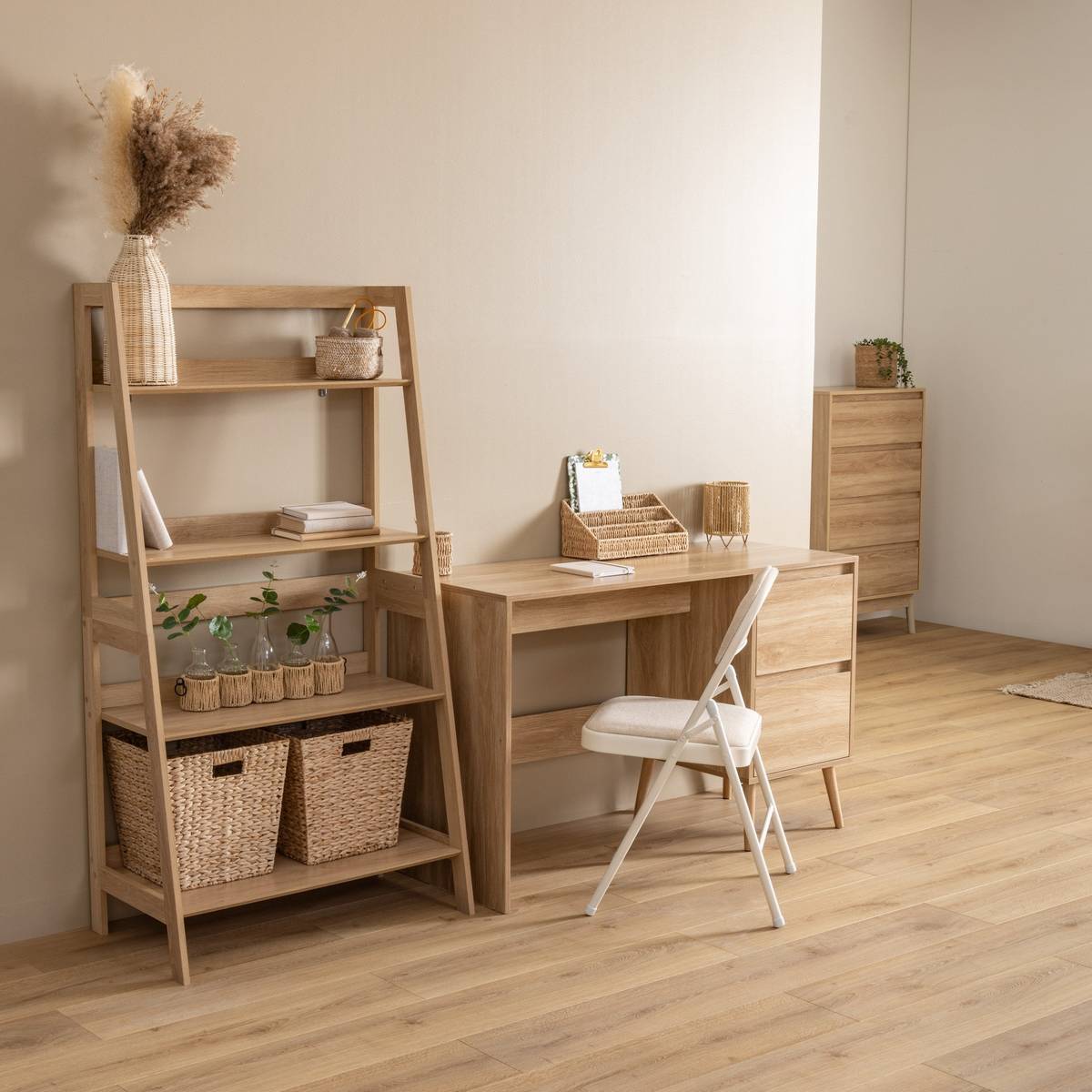 Étagère 4 niveaux L76 x P43 x H146 cm effet chêne clair