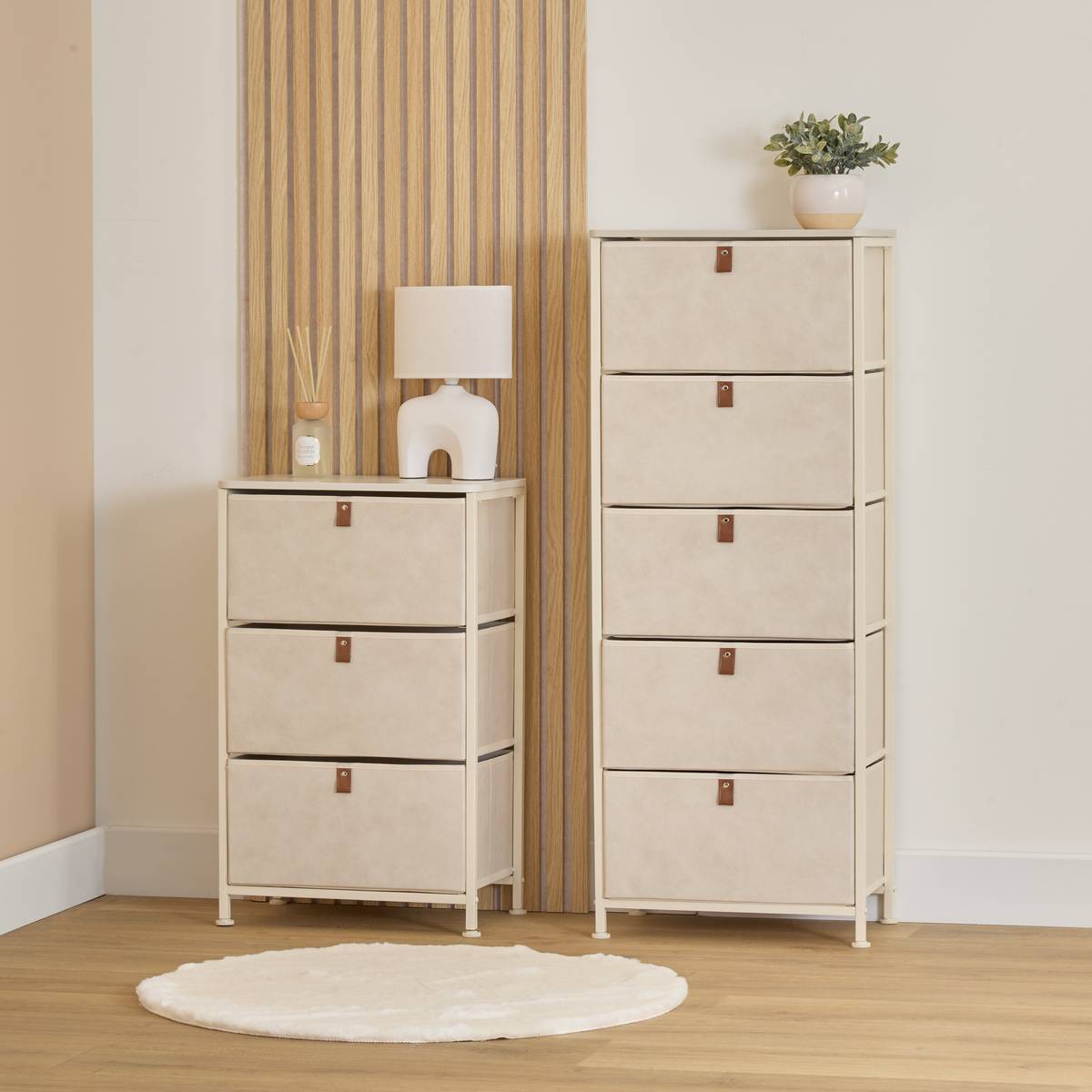 Rangement 3 tiroirs en tissu beige L45 x H73 cm