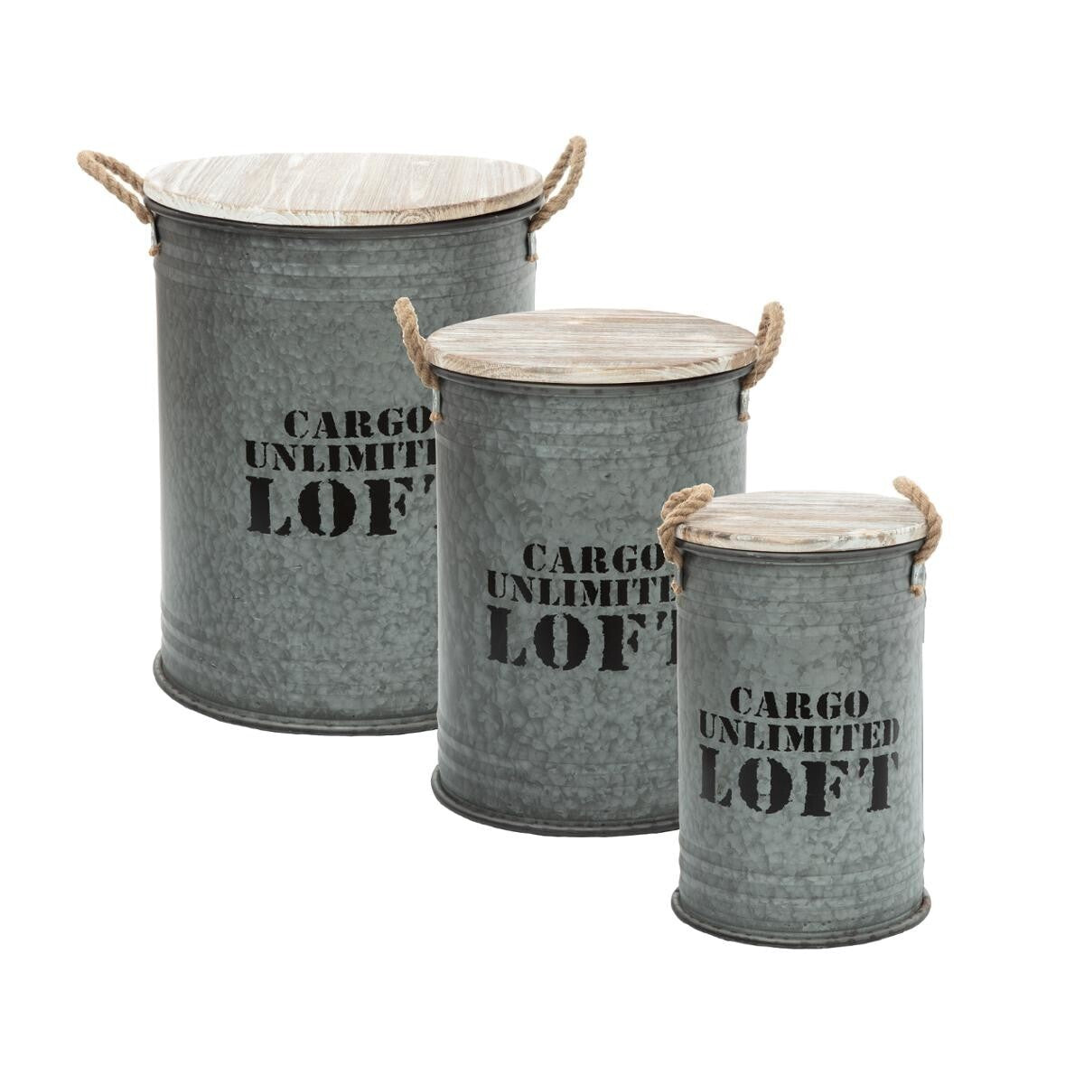 Lot de 3 coffres ronds en métal gris
